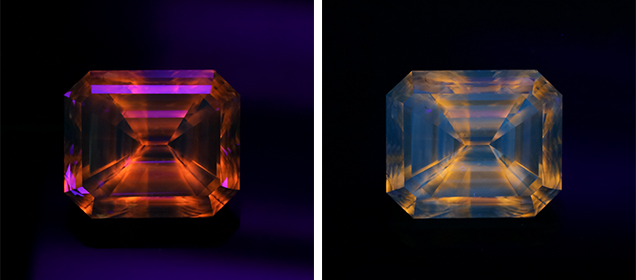 Fluorescence reaction to long-wave and short-wave UV