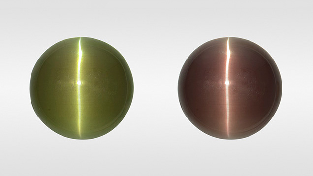 Alexandrite cabochon in fluorescent (left) and incandescent light (right). Alexandrite cabochon in fluorescent (left) and incandescent light (right).