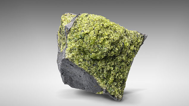 Figure 10. Green grains of peridot filling gas cavities in basalt from the San Carlos Apache Indian Reservation in Arizona. Photo by Robert Weldon. Figure 10. Green grains of peridot filling gas cavities in basalt from the San Carlos Apache Indian Reservation in Arizona. Photo by Robert Weldon.