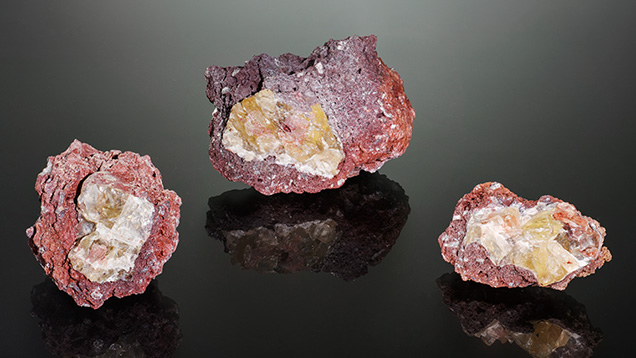 Figure 12. Labradorite feldspar crystals in pieces of weathered basalt from the Ponderosa mine in Harney County, Oregon. Photo by Adriana Gudino. Figure 12. Labradorite feldspar crystals in pieces of weathered basalt from the Ponderosa mine in Harney County, Oregon. Photo by Adriana Gudino.