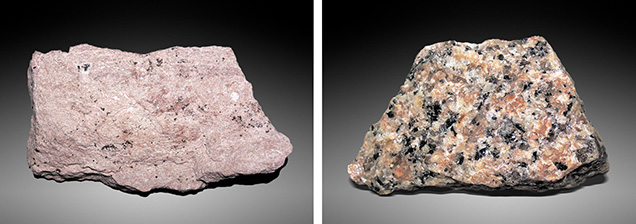 Figure 4. Two examples of important igneous rocks. Rhyolite (left) is an aphanitic extrusive igneous rock, while granite (right) is a phaneritic intrusive igneous rock. They are similar in chemical composition but differ in the size of their constituent mineral grains because they cool and solidify at different rates under different geological conditions. Photos by James St. John/Wikipedia Commons. Figure 4. Two examples of important igneous rocks. Rhyolite (left) is an aphanitic extrusive igneous rock, while granite (right) is a phaneritic intrusive igneous rock. They are similar in chemical composition but differ in the size of their constituent mineral grains because they cool and solidify at different rates under different geological conditions. Photos by James St. John/Wikipedia Commons.