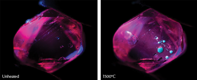 Figure 34. Left: Sample 12 displays strong red fluorescence in short-wave UV before heating and with each subsequent round until the highest temperature round. Right: At a relatively high temperature of 1500°C, it develops a medium chalky fluorescence. The bright round chalky features here are molten material that has hardened on the surface. Photos by E. Billie Hughes.