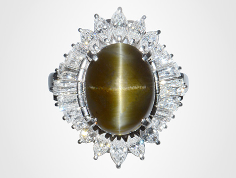 Figure 1. Chrysoberyl showing two bands of reflective light displaying four-rayed asterism. Photo by Shunsuke Nagai. Figure 1. Chrysoberyl showing two bands of reflective light displaying four-rayed asterism. Photo by Shunsuke Nagai.