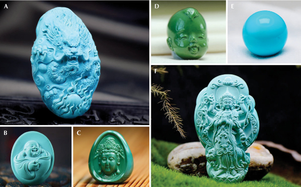 Figure A-1. A variety of high-quality “natural porcelain” turquoise products from Hubei Province. A: Sky blue, 56.7 × 35.2 × 24.6 mm, 56.20 g. B: Greenish blue, 32.6 × 25.7 × 10.6 mm, 12.25 g. C: Bluish green, 36.2 × 28.0 × 13.0 mm, 13.92 g. D: Yellowish green, 15.5 × 16.3 × 19.2 mm, 6.5 g. E: Sky blue, 15.9 mm diameter, 5.63 g. F: Greenish blue, 64.7 × 37.5 × 19.2 mm, 48.75 g. Photos by Ren Fei, Jin Yu Turquoise Company. Figure A-1. A variety of high-quality “natural porcelain” turquoise products from Hubei Province. A: Sky blue, 56.7 × 35.2 × 24.6 mm, 56.20 g. B: Greenish blue, 32.6 × 25.7 × 10.6 mm, 12.25 g. C: Bluish green, 36.2 × 28.0 × 13.0 mm, 13.92 g. D: Yellowish green, 15.5 × 16.3 × 19.2 mm, 6.5 g. E: Sky blue, 15.9 mm diameter, 5.63 g. F: Greenish blue, 64.7 × 37.5 × 19.2 mm, 48.75 g. Photos by Ren Fei, Jin Yu Turquoise Company.
