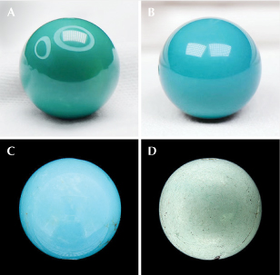 Figure A-2. The appearance of different qualities of natural turquoise. A: Greenish blue “porcelain” turquoise, 14.5 mm diameter, 4.86 g. B: Greenish blue “porcelain” turquoise, 14.5 mm diameter, 4.80 g. C: Medium-quality material, 12.0 mm diameter, 3.80 g. D: Porous material prior to treatment, 10.0 mm diameter, 1.5 g. Photos by Ren Fei, Jin Yu Turquoise Company. Figure A-2. The appearance of different qualities of natural turquoise. A: Greenish blue “porcelain” turquoise, 14.5 mm diameter, 4.86 g. B: Greenish blue “porcelain” turquoise, 14.5 mm diameter, 4.80 g. C: Medium-quality material, 12.0 mm diameter, 3.80 g. D: Porous material prior to treatment, 10.0 mm diameter, 1.5 g. Photos by Ren Fei, Jin Yu Turquoise Company.