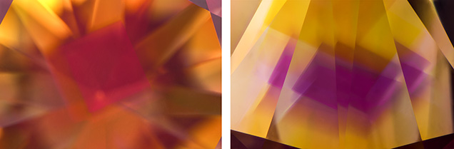 Figure 2. The square-shaped cubic {100} growth sector appears pink when viewed through the table (left) and more of a purple color when viewed through the pavilion (right). The surrounding regions appear predominantly yellow due to the presence of single nitrogen. Photomicrographs by Nathan Renfro; fields of view 4.23 mm and 4.50 mm.