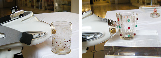 Figure 12. Examination of the beaker (left) and the lidded goblet (right) in the exhibition rooms of the Passau Glass Museum using a portable X-ray fluorescence analyzer. Photos by K. Schmetzer. Figure 12. Examination of the beaker (left) and the lidded goblet (right) in the exhibition rooms of the Passau Glass Museum using a portable X-ray fluorescence analyzer. Photos by K. Schmetzer.