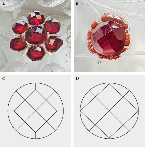 Figure 13. A and B: Rose-cut garnets decorating the lidded goblet from the collection of the Bavarian National Museum. The diameters are 4 mm (center stone) and 3 mm (surrounding stones) in A and 3 mm in B; photos by H.A. Gilg. C: Diagram of the most common cut observed for the garnets in Munich. D: A small proportion of the garnets showed somewhat larger central squares. Figure 13. A and B: Rose-cut garnets decorating the lidded goblet from the collection of the Bavarian National Museum. The diameters are 4 mm (center stone) and 3 mm (surrounding stones) in A and 3 mm in B; photos by H.A. Gilg. C: Diagram of the most common cut observed for the garnets in Munich. D: A small proportion of the garnets showed somewhat larger central squares.