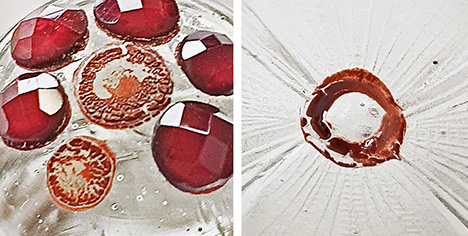 Figure 14. Residues of the reddish brown fixation layer on the glass substrate of the lidded goblet in Munich; the diameters of the reddish brown residual materials measure 4 and 3 mm (left, center and bottom, respectively) and 3 mm (right). Photos by H.A. Gilg. Figure 14. Residues of the reddish brown fixation layer on the glass substrate of the lidded goblet in Munich; the diameters of the reddish brown residual materials measure 4 and 3 mm (left, center and bottom, respectively) and 3 mm (right). Photos by H.A. Gilg.