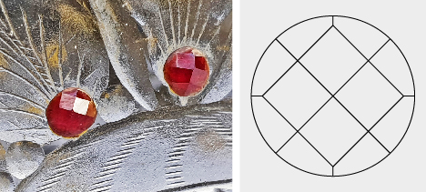 Figure 20. Left: Rose-cut garnets decorating the beaker from the collection of the Passau Glass Museum, 3 mm in diameter. Photo by H.A. Gilg. Right: Diagram of the common cut observed for the garnets in Passau. Figure 20. Left: Rose-cut garnets decorating the beaker from the collection of the Passau Glass Museum, 3 mm in diameter. Photo by H.A. Gilg. Right: Diagram of the common cut observed for the garnets in Passau.