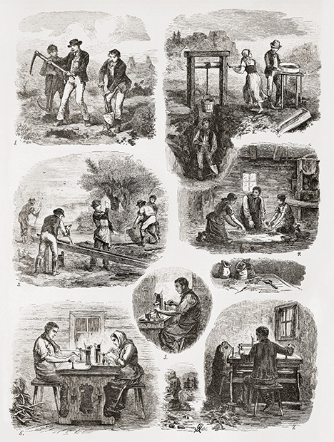 Figure 3. Extraction and processing of Bohemian garnets in the nineteenth century: (1) digging at the surface, (2) retrieving garnet-bearing soil or gravel from deeper levels and sieving, (3) washing to remove soil, (4) sorting, (5) cutting, (6) polishing, and (7) a view of the cutting table. From Gareis (1884). Figure 3. Extraction and processing of Bohemian garnets in the nineteenth century: (1) digging at the surface, (2) retrieving garnet-bearing soil or gravel from deeper levels and sieving, (3) washing to remove soil, (4) sorting, (5) cutting, (6) polishing, and (7) a view of the cutting table. From Gareis (1884).