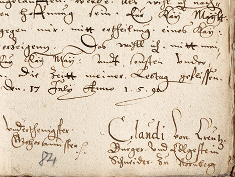 Figure 5. Signature from the petition of Creutz, “citizen and gem cutter from Nuremberg,” to Emperor Rudolf II. The petition is dated July 17, 1591. Courtesy of the Austrian State Archives in Vienna (see footnote 1). Figure 5. Signature from the petition of Creutz, “citizen and gem cutter from Nuremberg,” to Emperor Rudolf II. The petition is dated July 17, 1591. Courtesy of the Austrian State Archives in Vienna (see footnote 1).