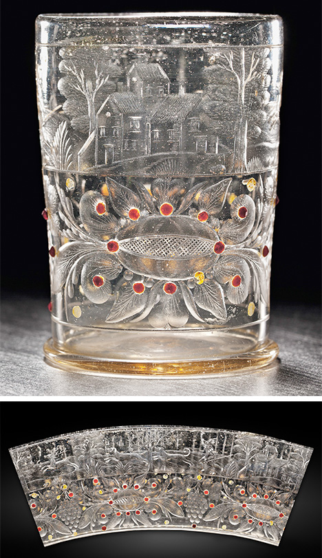 Figure 9. Beaker from the collection of the Passau Glass Museum, decorated with red Bohemian garnets. Inventory no. Hö 67867, height 9.8 cm. Photos courtesy of P. Höltl, Passau Glass Museum. Figure 9. Beaker from the collection of the Passau Glass Museum, decorated with red Bohemian garnets. Inventory no. Hö 67867, height 9.8 cm. Photos courtesy of P. Höltl, Passau Glass Museum.