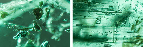A suite of mica platelets (left) and blocky multiphase inclusions (right), consistently found in higher-iron emerald sources; fields of view 1.58 and 1.76 mm. A suite of mica platelets (left) and blocky multiphase inclusions (right), consistently found in higher-iron emerald sources; fields of view 1.58 and 1.76 mm.
