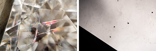Figure 4. Examples of treatments documented in diamond. Left: Fracture filling in a feather on the table of a laboratory-grown diamond. Right: Reflective lighting displaying numerous laser drill holes in the table of a diamond. Photomicrographs by Nicole Ahline; fields of view 3.57 mm (left) and 4.79 mm (right). Figure 4. Examples of treatments documented in diamond. Left: Fracture filling in a feather on the table of a laboratory-grown diamond. Right: Reflective lighting displaying numerous laser drill holes in the table of a diamond. Photomicrographs by Nicole Ahline; fields of view 3.57 mm (left) and 4.79 mm (right).
