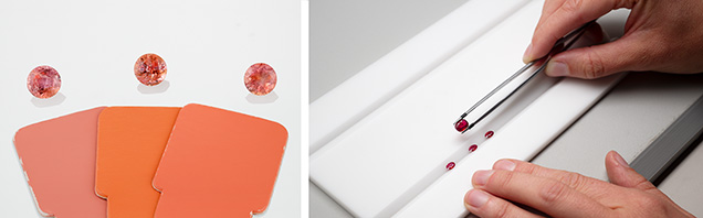 Figure 8. Left: Orangy pink to pinkish orange “padparadscha” sapphires being compared to Munsell color chips. Right: A gemologist comparing a ruby to “pigeon’s blood” master stones. Photos by Annie Haynes (left) and Kevin Schumacher (right). Figure 8. Left: Orangy pink to pinkish orange “padparadscha” sapphires being compared to Munsell color chips. Right: A gemologist comparing a ruby to “pigeon’s blood” master stones. Photos by Annie Haynes (left) and Kevin Schumacher (right).