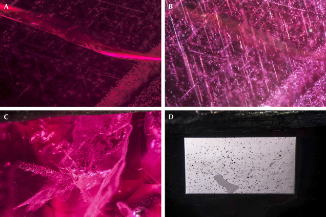 Figure 9. Two different rubies showing features under two different light sources. Top ruby: Darkfield lighting displays a feather (A), and fiber-optic lighting shows fine rutile silk (B). Bottom ruby: Darkfield and fiber-optic lighting reveals residue from heat treatment (C), and reflective lighting displays a cavity filled with a glass residue (D). Photomicrographs by Nicole Ahline; fields of view 1.42 mm (A and B) and 3.57 mm (C and D). Figure 9. Two different rubies showing features under two different light sources. Top ruby: Darkfield lighting displays a feather (A), and fiber-optic lighting shows fine rutile silk (B). Bottom ruby: Darkfield and fiber-optic lighting reveals residue from heat treatment (C), and reflective lighting displays a cavity filled with a glass residue (D). Photomicrographs by Nicole Ahline; fields of view 1.42 mm (A and B) and 3.57 mm (C and D).