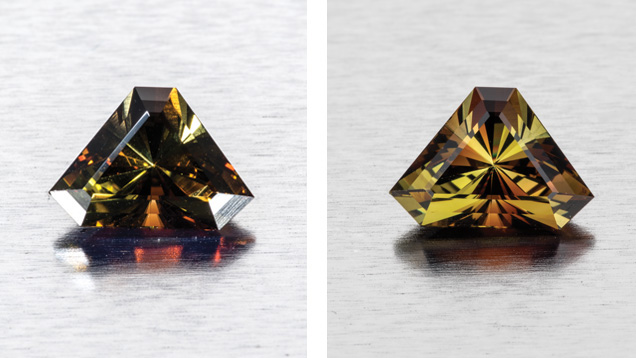 This andalusite from Minas Gerais, Brazil weighs 2.87 ct. This image (left) shows direct lighting, which is not ideal for bringing out the transparent gemstone's rich pleochroic colors. Instead, the direct lighting seems to darken the stone and creates This andalusite from Minas Gerais, Brazil weighs 2.87 ct. This image (left) shows direct lighting, which is not ideal for bringing out the transparent gemstone's rich pleochroic colors. Instead, the direct lighting seems to darken the stone and creates