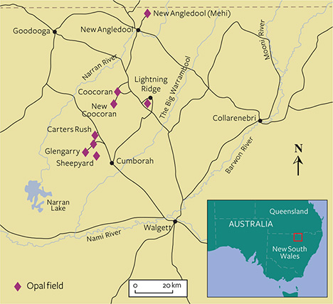 australia_north-ridge_194221-468x428.jpg. Lightning Ridge（闪电山脊）靠近新南威尔士和昆士兰的边界。 该小镇规模很小，但是蛋白石在小镇及其周边地区随处可见。. Map of Lightning Ridge opal region