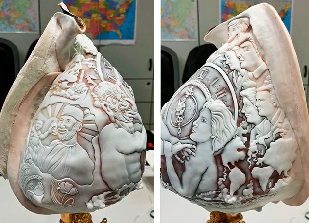 Details of the hand-carved shell lamp. Left: A doctor cradles a newborn as a symbol of hope. Right: World leaders with their eyes closed contemplating the global impact of the virus. Courtesy of Massa Gioconda.