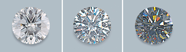 A diamond with different lighting and viewing environments. Figure 3. A diamond looks different in different lighting and viewing environments. In these images, the same diamond was photographed in diffused lighting (left),mixed lighting (center), and spot lighting only (right). Photos by A. Gilbertson.