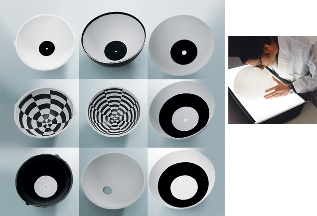 Testing brightness metrics using. Figure 7. Shown here is a small assortment of the “patterned” hemispheres used in the testing of the brightness metrics. Inset:Using a hemisphere to observe diamonds. Photos by A. Gilbertson.