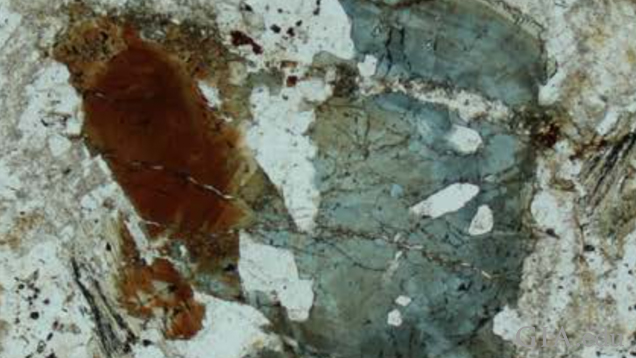 Sample of dutrowite (brown) and dravite (blue) tourmalines in meta-rhyolite from Italy (From Biagiona et al. 2019). Sample of dutrowite (brown) and dravite (blue) tourmalines in meta-rhyolite from Italy (From Biagiona et al. 2019).