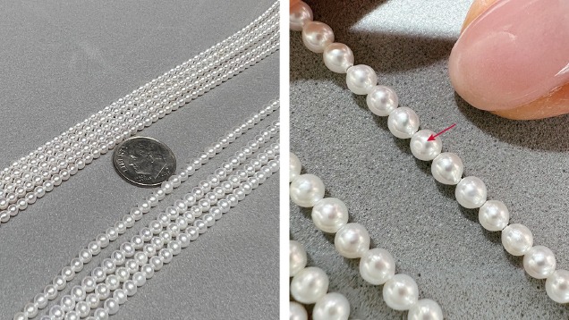 Split image shows strands of round freshwater pearls compared to strands of akoya pearls Split image shows strands of round freshwater pearls compared to strands of akoya pearls