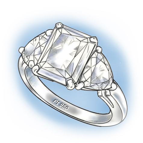 Perspective view of a three-stone platinum ring with a cushion-shaped center stone flanked by two trillion-cut stones. The PT 950 stamp is readable inside the bottom of the shank. Perspective view of a three-stone platinum ring with a cushion-shaped center stone flanked by two trillion-cut stones. The PT 950 stamp is readable inside the bottom of the shank.