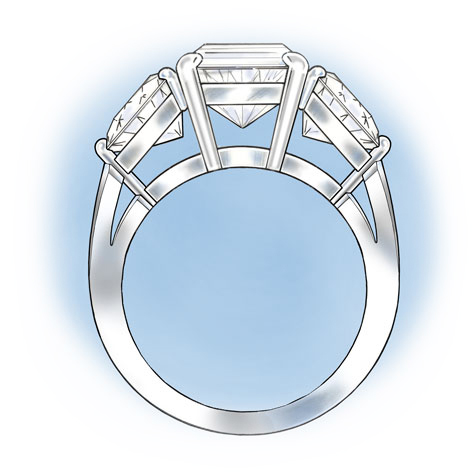 Side view of a three-stone platinum ring with a cushion-shaped center stone flanked by two trillion-cut stones Side view of a three-stone platinum ring with a cushion-shaped center stone flanked by two trillion-cut stones