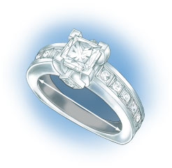 Perspective view of a platinum 4-prong solitaire with no diamonds set in the shank Perspective view of a platinum 4-prong solitaire with no diamonds set in the shank