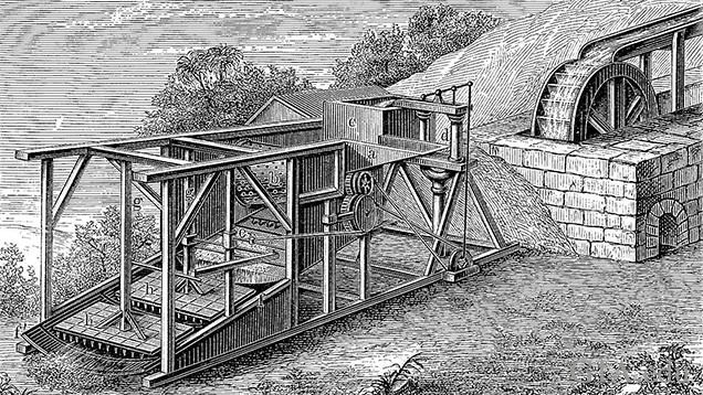 1800年代に農村で使用されていた大型の採鉱装置の白黒の絵。 1800年代に農村で使用されていた大型の採鉱装置の白黒の絵。