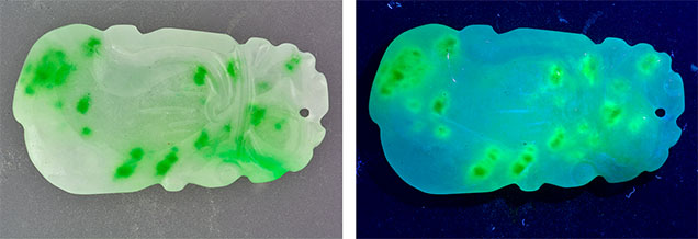 Jadeite with spot dyeing fluoresces bright green under long-wave UV light Jadeite with spot dyeing fluoresces bright green under long-wave UV light