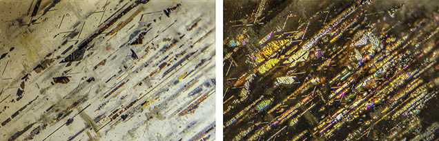Brown and black exsolution platelets of hematite and ilmenite in feldspar show colorful thin-film interference colors. Brown and black exsolution platelets of hematite and ilmenite in feldspar show colorful thin-film interference colors.